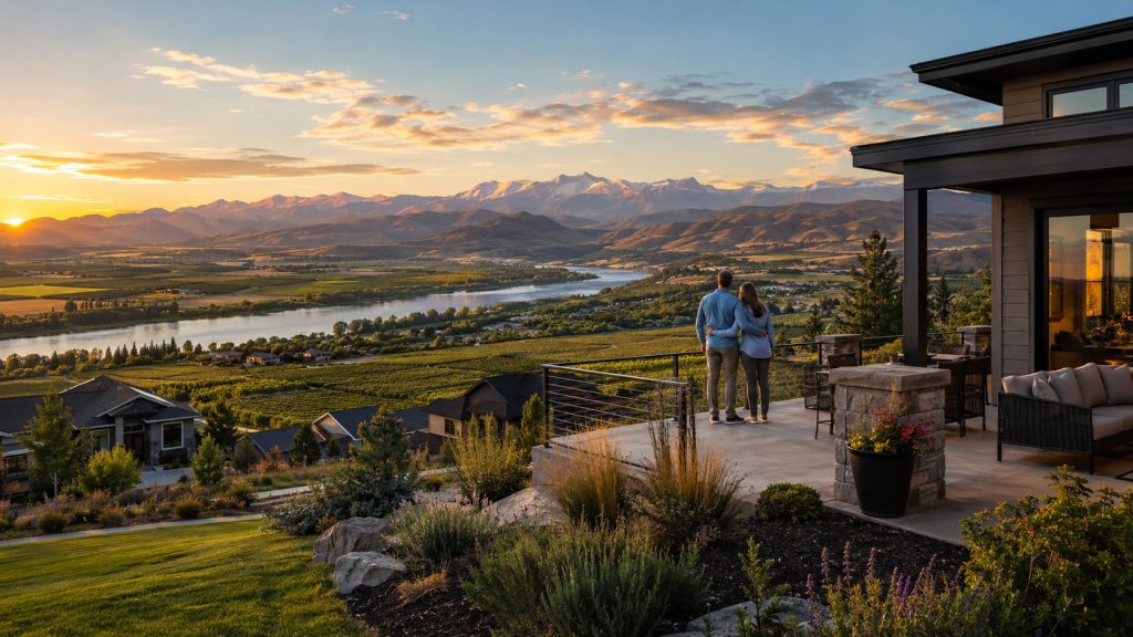 Sunset views from a modern, Wenatchee Valley hillside home